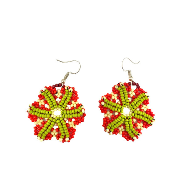 Flower Drop Earrings (Red -Light Green)
